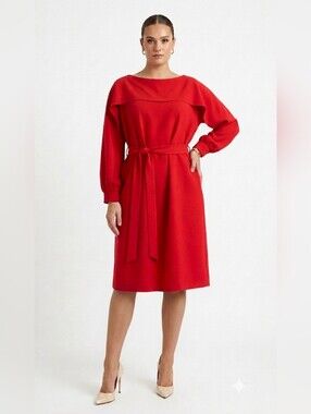Escada Riga Red Long Sleeve Boat Neck Cape Midi Dress with Tie Belt